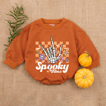 Spooky Vibes Baby Romper - Retro Halloween Outfit for Baby Boy or Girl, Comfortable Bubble Romper with Stars & Bats, My First Halloween Clothes