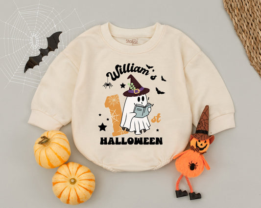 William Halloween Baby Romper with Ghost & Witch Hat, Personalized Custom Name Boo Bodysuit for Fall Outfits, Cute Infant & Toddler Gift
