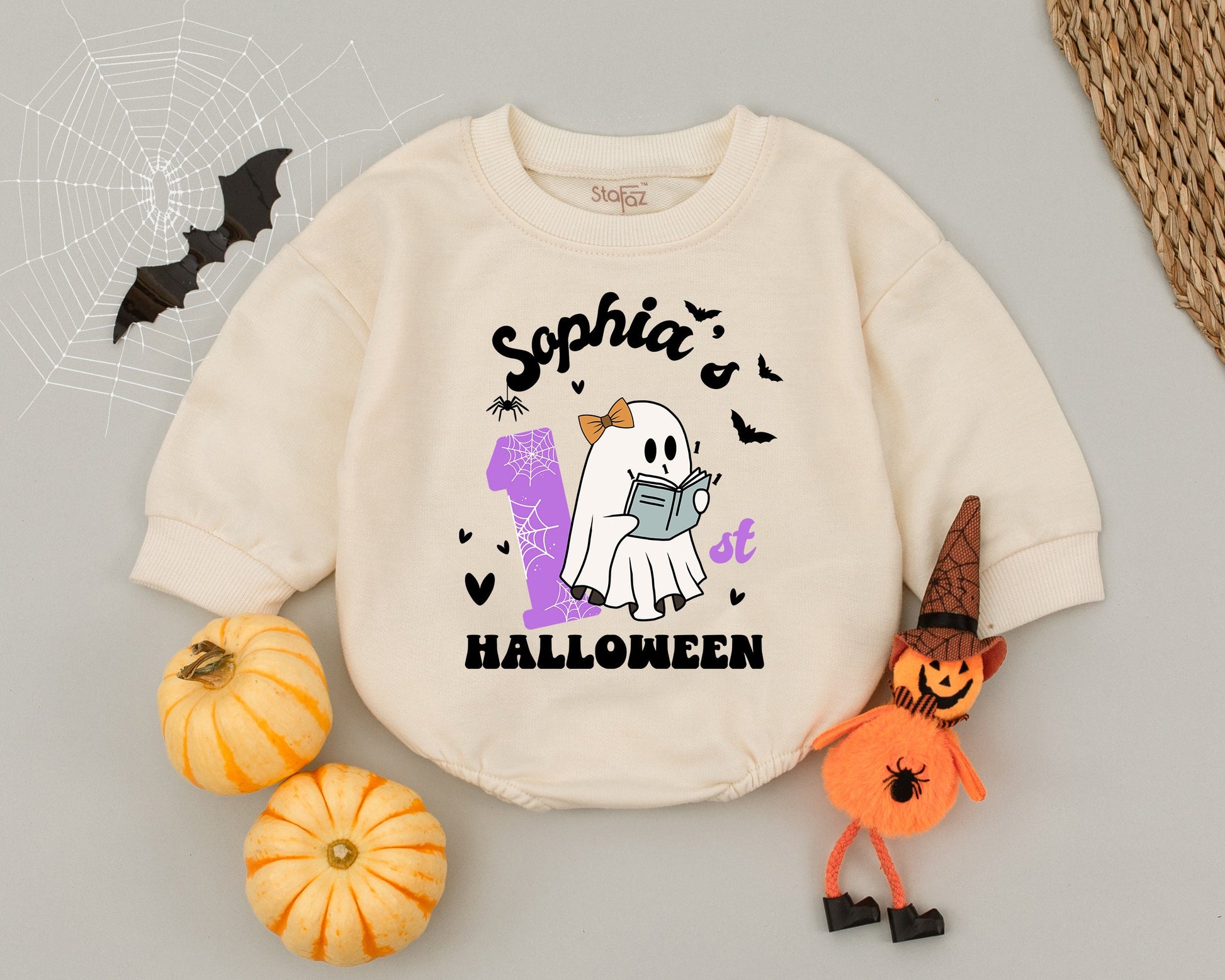 William Halloween Baby Romper with Ghost & Witch Hat, Personalized Custom Name Boo Bodysuit for Fall Outfits, Cute Infant & Toddler Gift