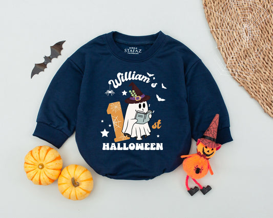 William Halloween Baby Romper with Ghost & Witch Hat, Personalized Custom Name Boo Bodysuit for Fall Outfits, Cute Infant & Toddler Gift