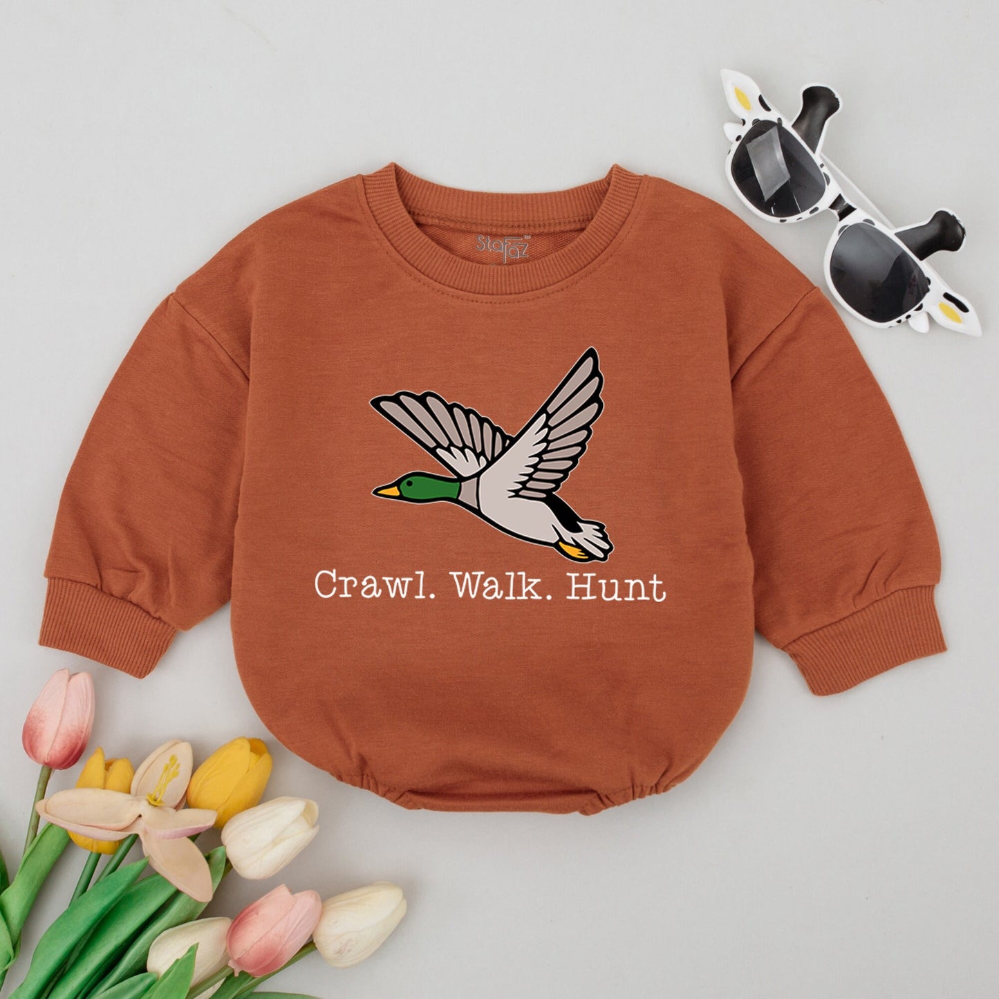 Crawl Walk Hunt Mallard Duck Baby Romper - Little Hunter Bodysuit Newborn Clothes, Duck Hunting Gift, Playful Baby Shower Outfit 134 chars