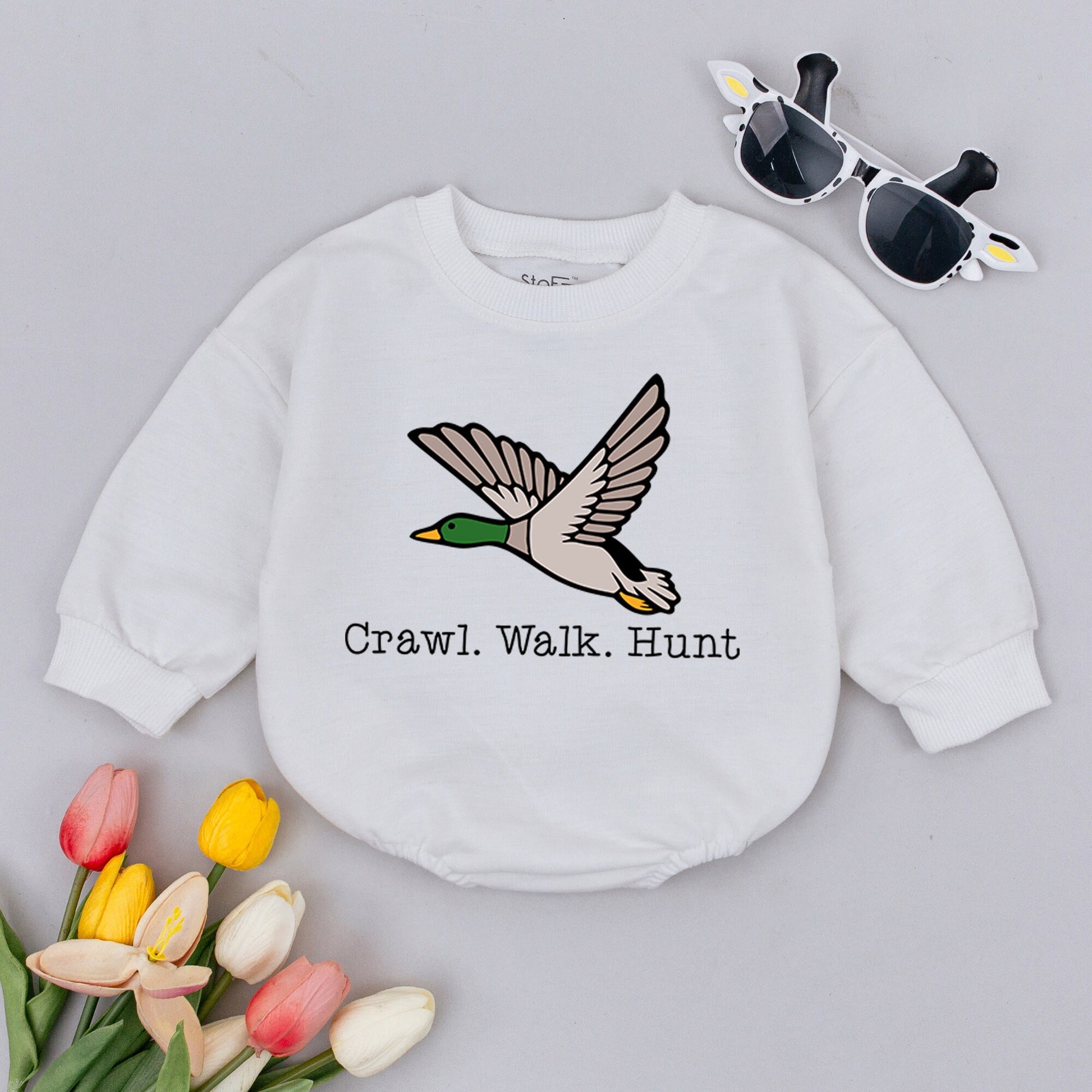 Crawl Walk Hunt Mallard Duck Baby Romper - Little Hunter Bodysuit Newborn Clothes, Duck Hunting Gift, Playful Baby Shower Outfit 134 chars