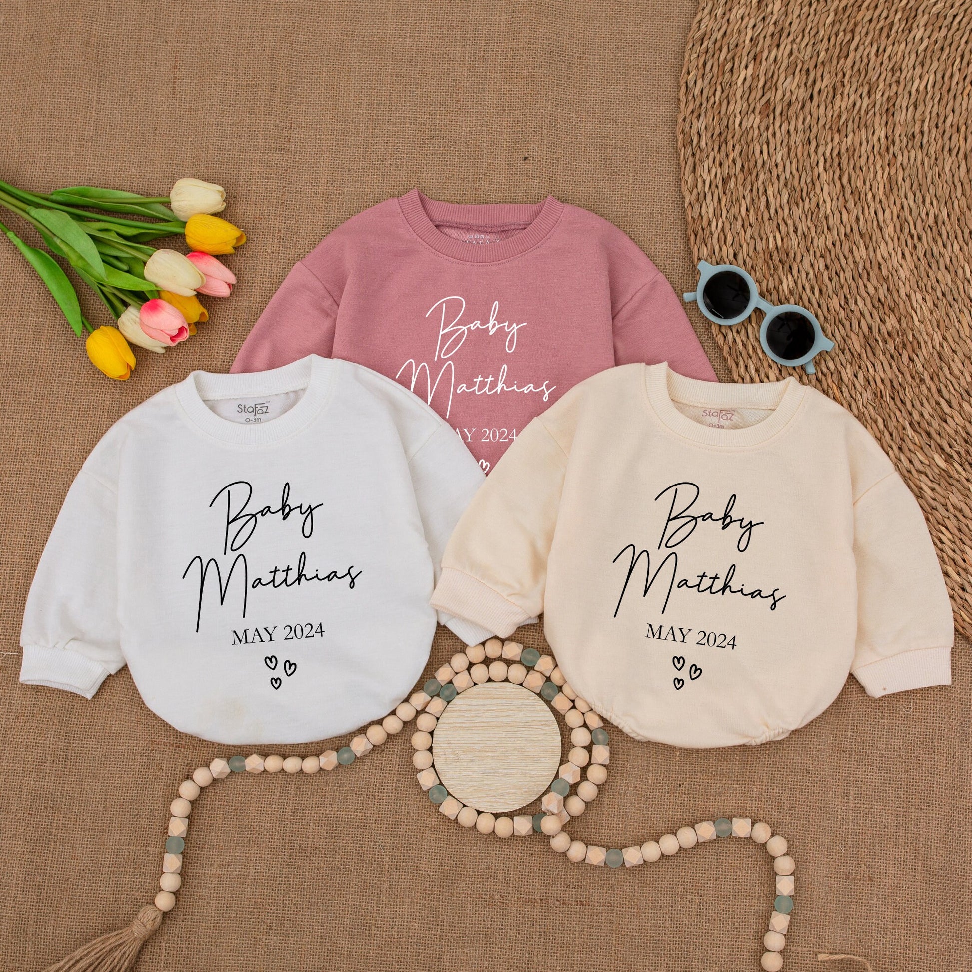 Personalized Baby Matthias Bodysuit May 2024 Announcement Outfit, Cursive Name Romper, Cute Baby Shower Gift, Newborn Coming Home Outfit with Hearts (139 chars)