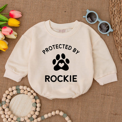 Custom Protected By Rockie Baby Bodysuit, Paw Print Heart Design, Personalized Dog Name Romper, New Baby Gift, Baby Shower