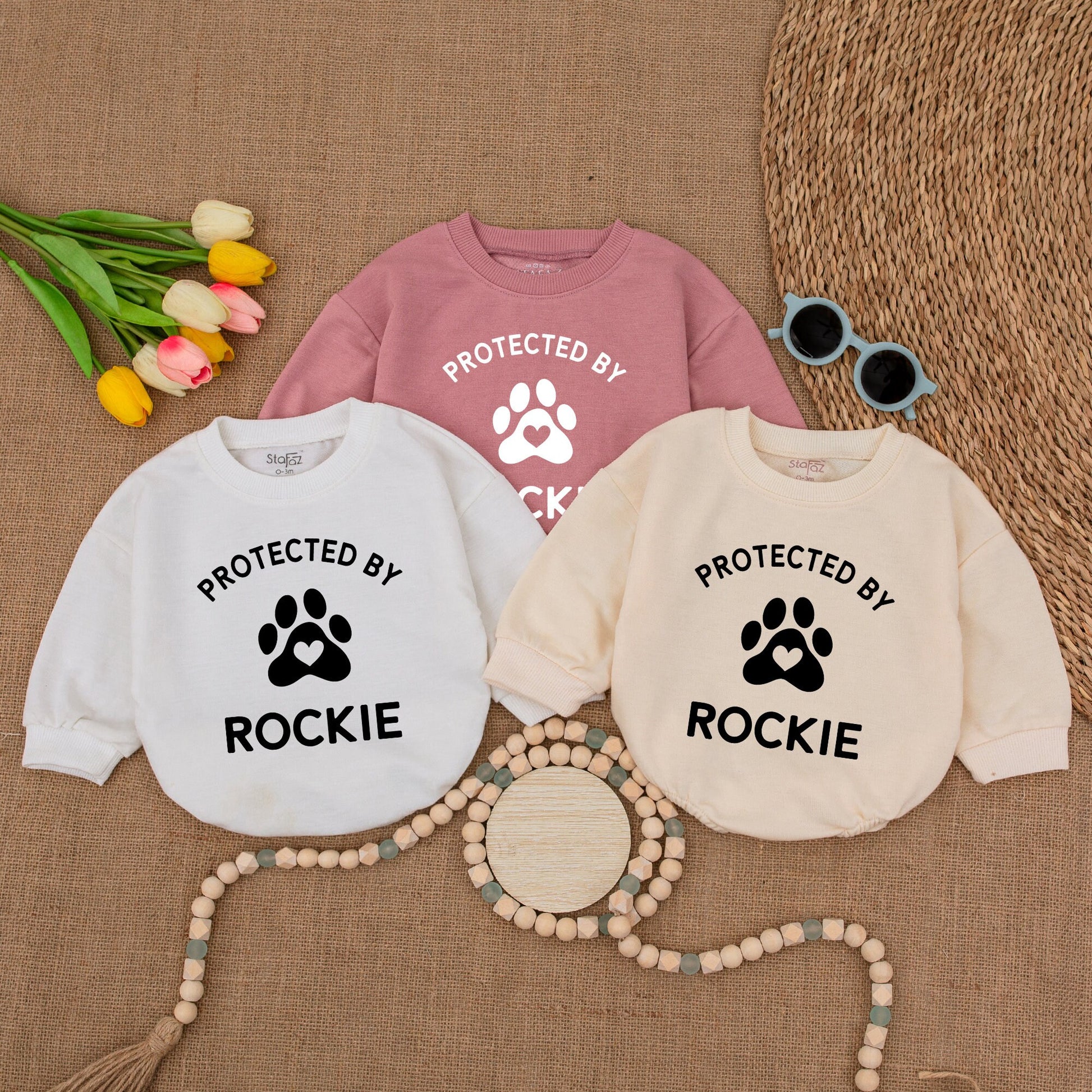 Custom Protected By Rockie Baby Bodysuit, Paw Print Heart Design, Personalized Dog Name Romper, New Baby Gift, Baby Shower