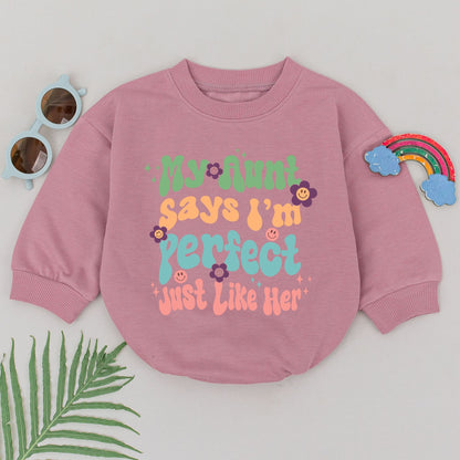 Retro My Aunt Says I'm Perfect Baby Romper Auntie's Bestie Outfit Newborn Girl Boy Gift New Auntie Mother's Day Coming Home