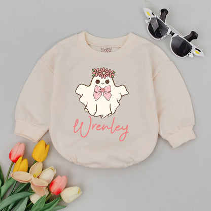 Personalized Ghost Baby Romper with Floral Crown and Pink Bow, Custom Name Wrenley Cute Halloween Infant Bubble Bodysuit Fall Baby Shower Gift Comfortable
