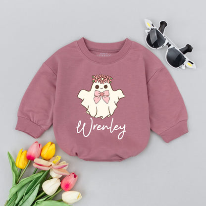 Personalized Ghost Baby Romper with Floral Crown and Pink Bow, Custom Name Wrenley Cute Halloween Infant Bubble Bodysuit Fall Baby Shower Gift Comfortable