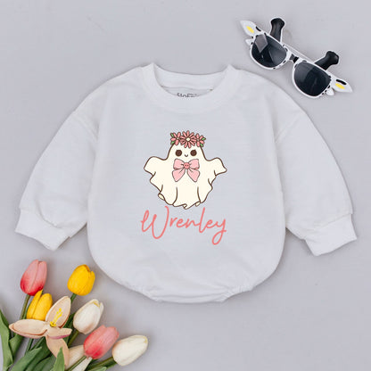 Personalized Ghost Baby Romper with Floral Crown and Pink Bow, Custom Name Wrenley Cute Halloween Infant Bubble Bodysuit Fall Baby Shower Gift Comfortable