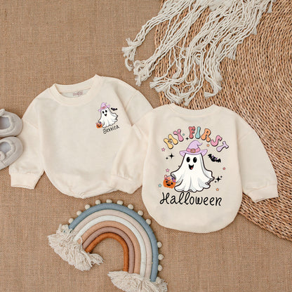 Custom My First Halloween Ghost Baby Girl Bubble Romper Bodysuit