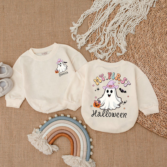 Custom My First Halloween Ghost Baby Girl Bubble Romper Bodysuit