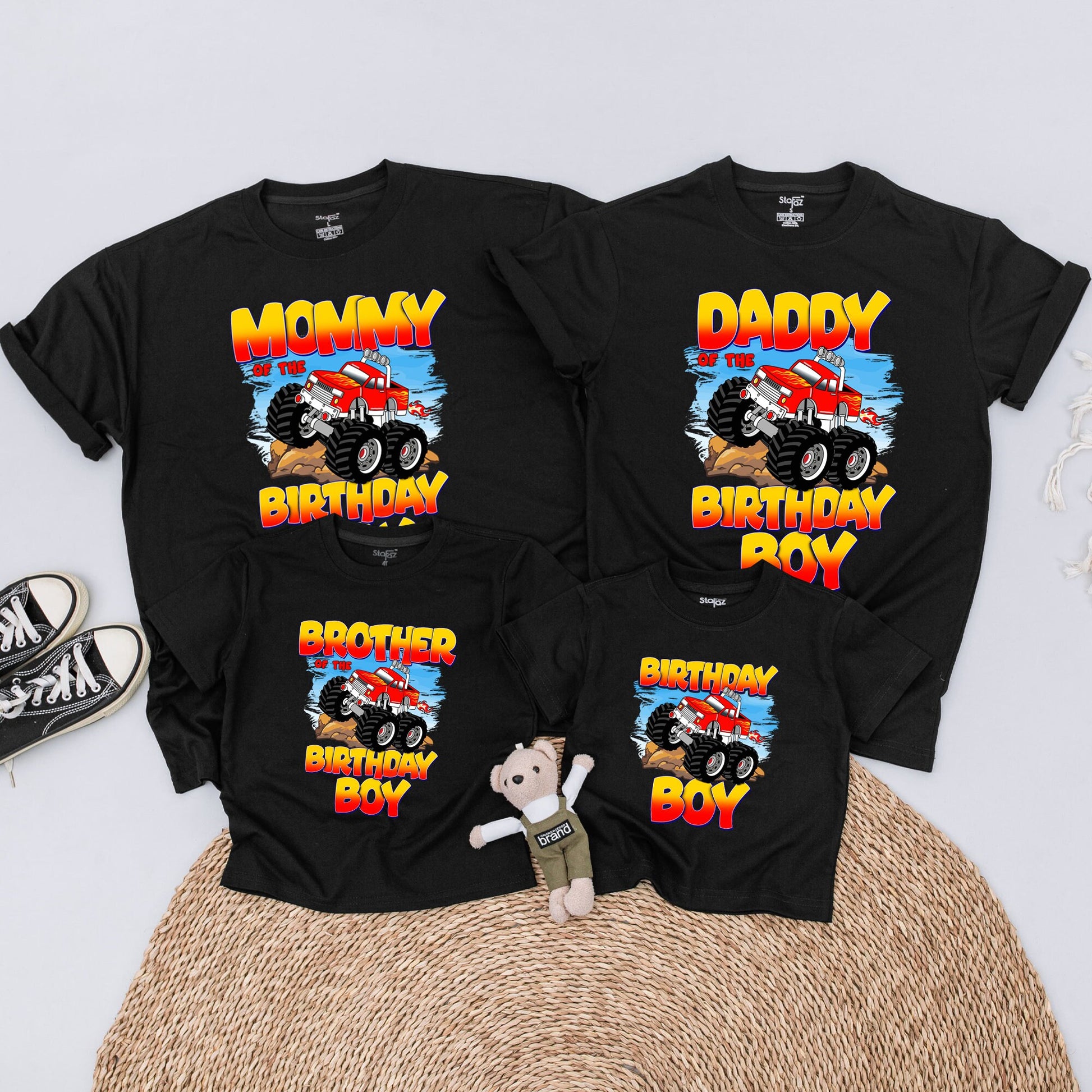 Monster Truck Birthday Boy Shirt, Family Matching Outfit Red White Flames, First Birthday Party Monster Jam Car Dirt Offroad Theme Baby Bodysuit 135 chars
