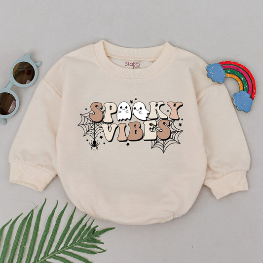 Groovy Spooky Vibes Baby Romper, Retro Halloween Outfit, Ghost Spiderweb Design, First Halloween Costume, Cute Spooky Season, Baby Shower Gift for Girls (140)