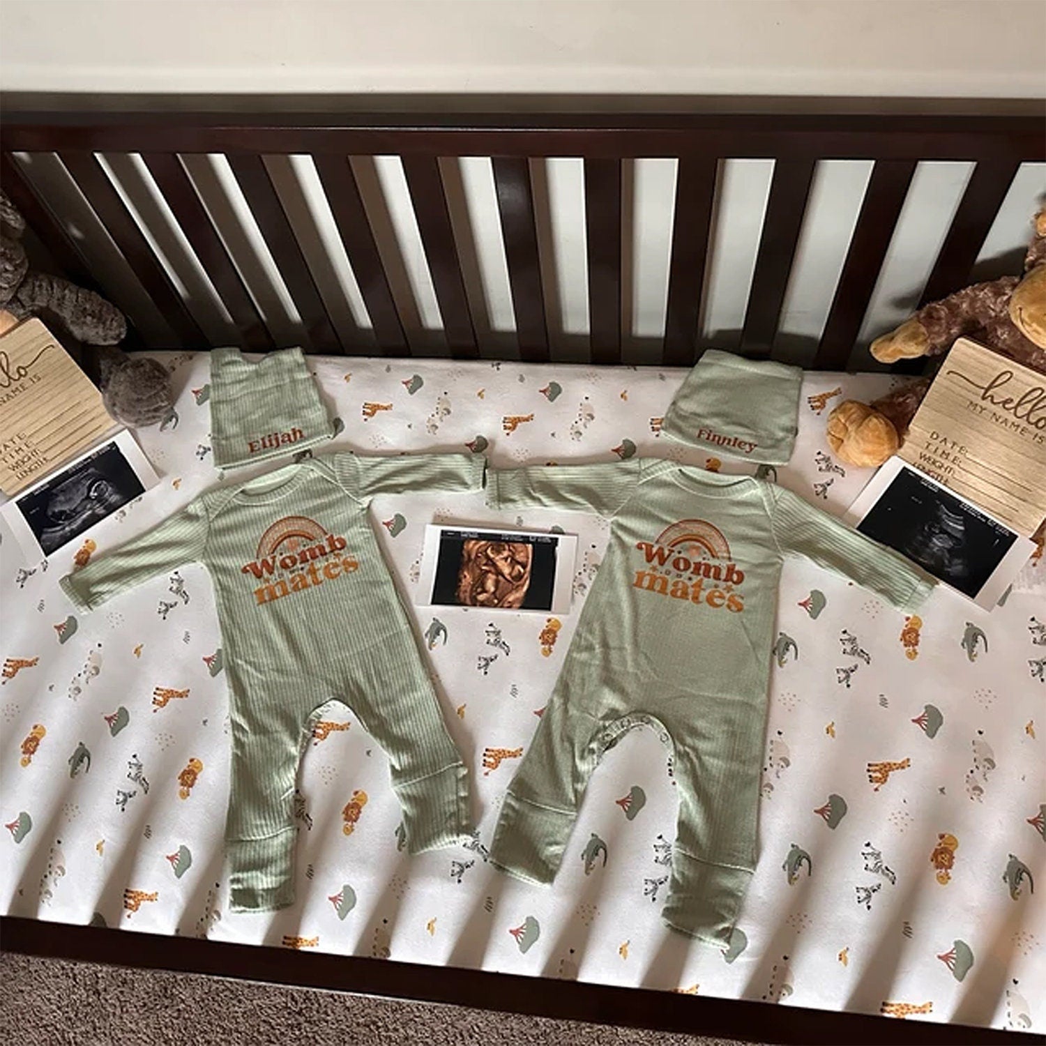 Womb Mates Bodysuit Custom Name Hat Set Cute Brown Rainbow Star Newborn Baby Twin Gift Outfit Vintage Whimsical Gender Neutral Announcement