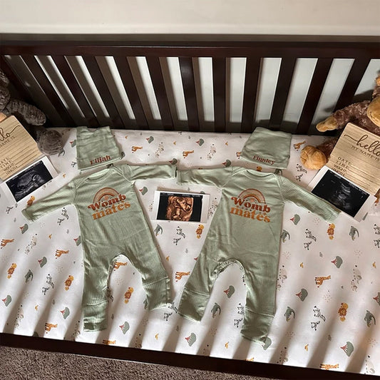 Womb Mates Bodysuit Custom Name Hat Set Cute Brown Rainbow Star Newborn Baby Twin Gift Outfit Vintage Whimsical Gender Neutral Announcement