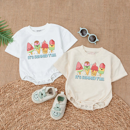 It's Summer Y'all Baby Girl Bubble Romper with Cute Ice Cream & Popsicle Design Infant Gift for Baby Girl Summer Outfit