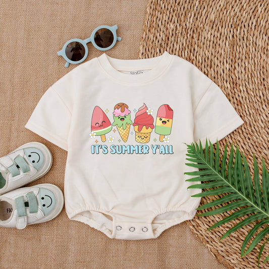 It's Summer Y'all Baby Girl Bubble Romper with Cute Ice Cream & Popsicle Design Infant Gift for Baby Girl Summer Outfit