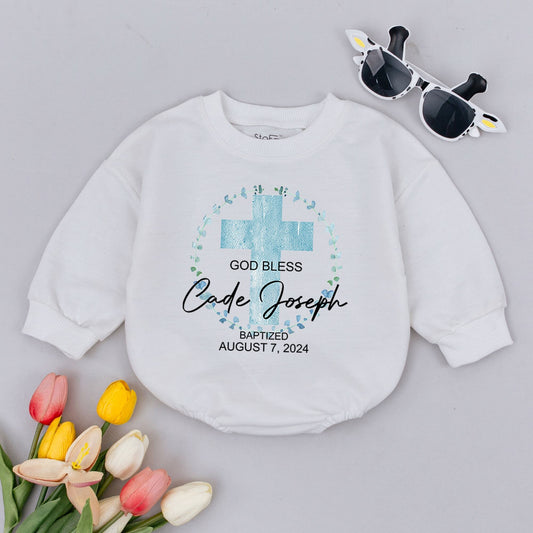 Personalized Baby Baptism Outfit God Bless Cade Joseph August 7 2024 Light Blue Watercolor Cross Floral Christening Baby Romper Faith Keepsake