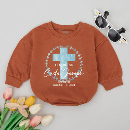 Personalized Baby Baptism Outfit God Bless Cade Joseph August 7 2024 Light Blue Watercolor Cross Floral Christening Baby Romper Faith Keepsake