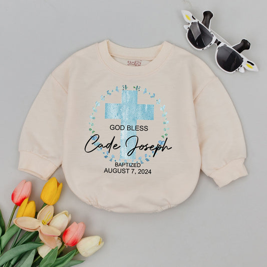 Personalized Baby Baptism Outfit God Bless Cade Joseph August 7 2024 Light Blue Watercolor Cross Floral Christening Baby Romper Faith Keepsake