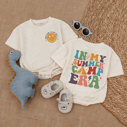 In My Summer Camp Era Newborn Romper Outfit Retro Smiley Face Baby Clothes Tent Peace Sign Design Yellow Multicolored Comfortable Summer Gift