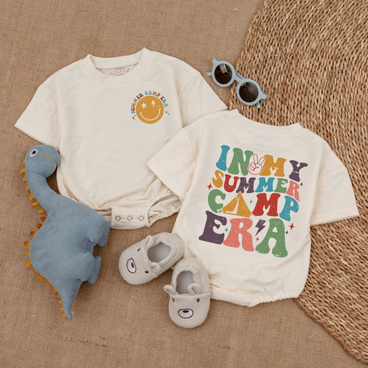 In My Summer Camp Era Newborn Romper Outfit Retro Smiley Face Baby Clothes Tent Peace Sign Design Yellow Multicolored Comfortable Summer Gift