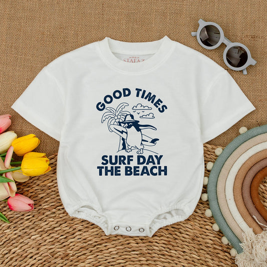 Good Times Surf Day Beach Baby Bodysuit Cute Penguin Graphic Summer Romper Hipster Beach Trip Newborn Outfit