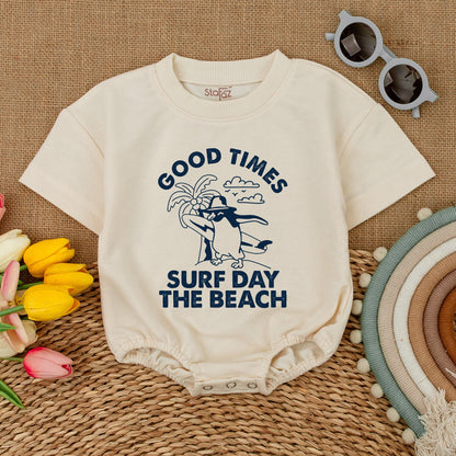 Good Times Surf Day Beach Baby Bodysuit Cute Penguin Graphic Summer Romper Hipster Beach Trip Newborn Outfit