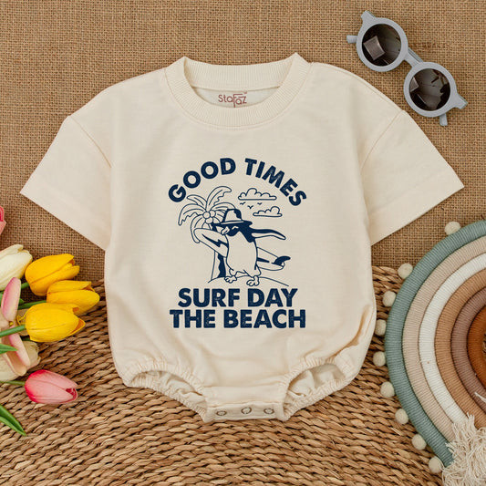 Good Times Surf Day Beach Baby Bodysuit Cute Penguin Graphic Summer Romper Hipster Beach Trip Newborn Outfit