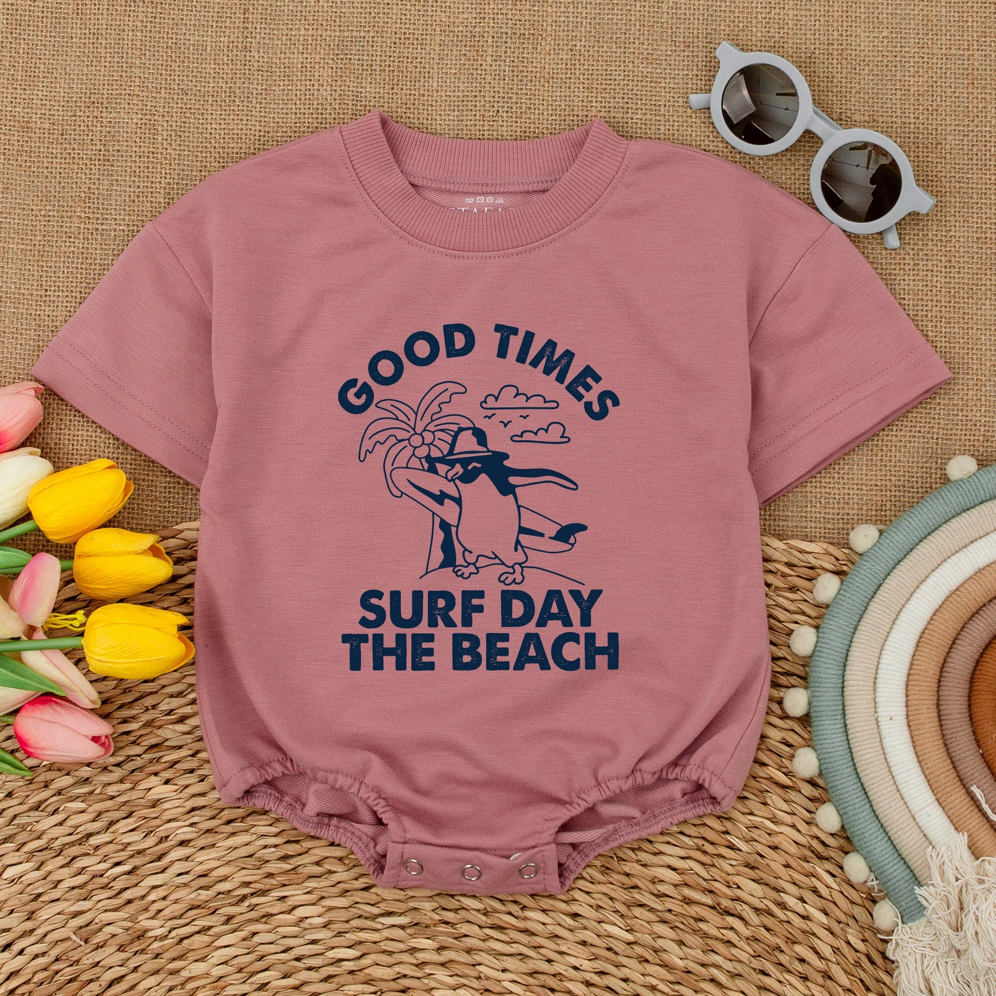 Good Times Surf Day Beach Baby Bodysuit Cute Penguin Graphic Summer Romper Hipster Beach Trip Newborn Outfit