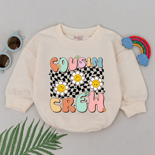 Retro Cousin Crew Romper Playful Pastel Bubble Letters Black Checkerboard with Flowers and Stars Family Matching Outfit for Babies and Toddlers