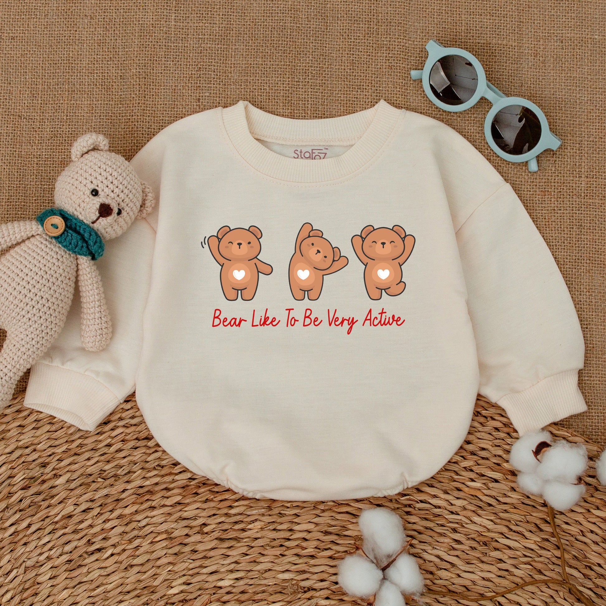 Bear Like to Be Active Baby Bodysuit Cute Romper Neutral Newborn Outfit for Baby Girl or Boy, Minimalist Clothes, Baby Shower Gift