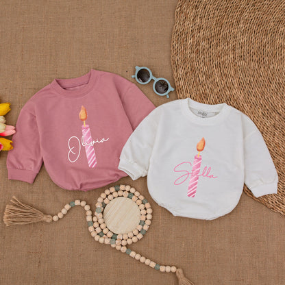 First Birthday Candle Bubble Romper - Personalized Baby Girl Outfit, One Year Old Bodysuit, Cake Shirt, Birthday Gift