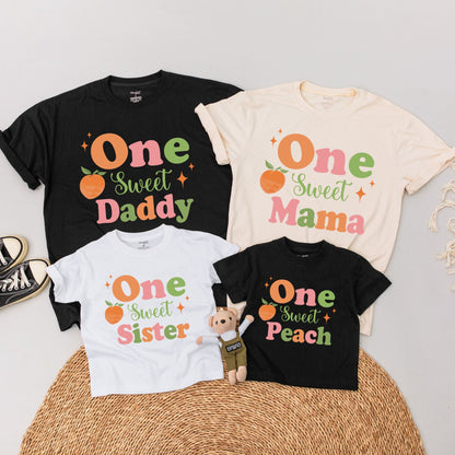 One Sweet Peach Matching Family Outfits Baby Bodysuit for 1st Birthday Girl Mommy and Me Peach Party Clothes