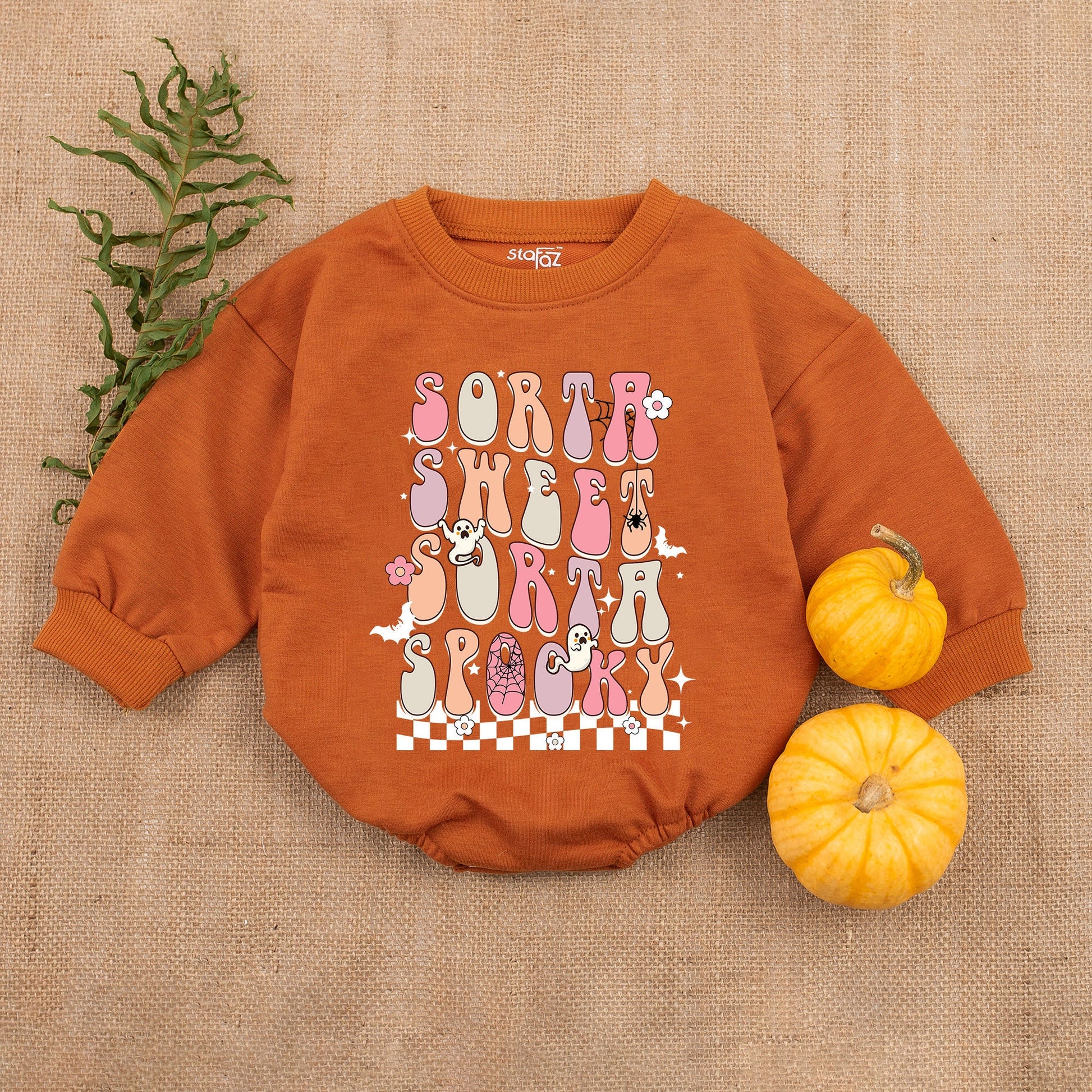 Sorta Sweet Spooky Baby Bubble Romper My First Halloween Retro Pink Beige Ghost Bat Infant Outfit Vintage Checkered Pattern Fall Clothes