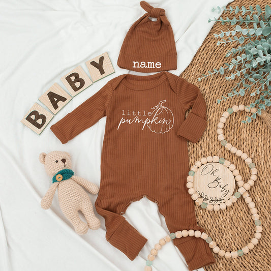 Our Little Pumpkin Baby Bodysuit and Hat Set Personalized Newborn Gift Coming Home Outfit Long Sleeve Baby Announcement Fall