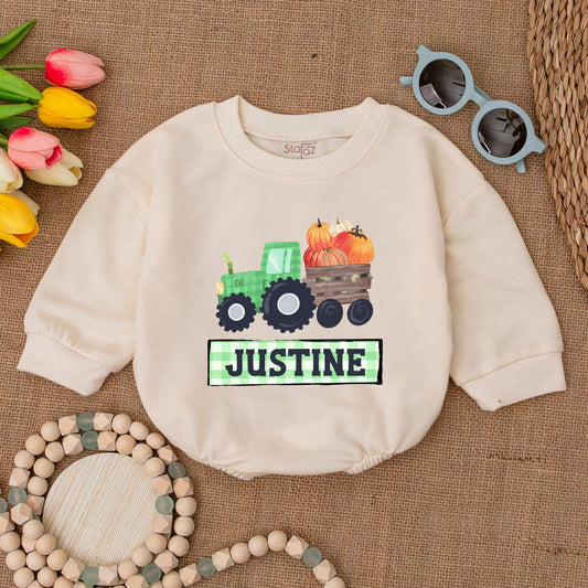 Personalized Pumpkin Tractor Romper - Fall Baby Outfit for Thanksgiving