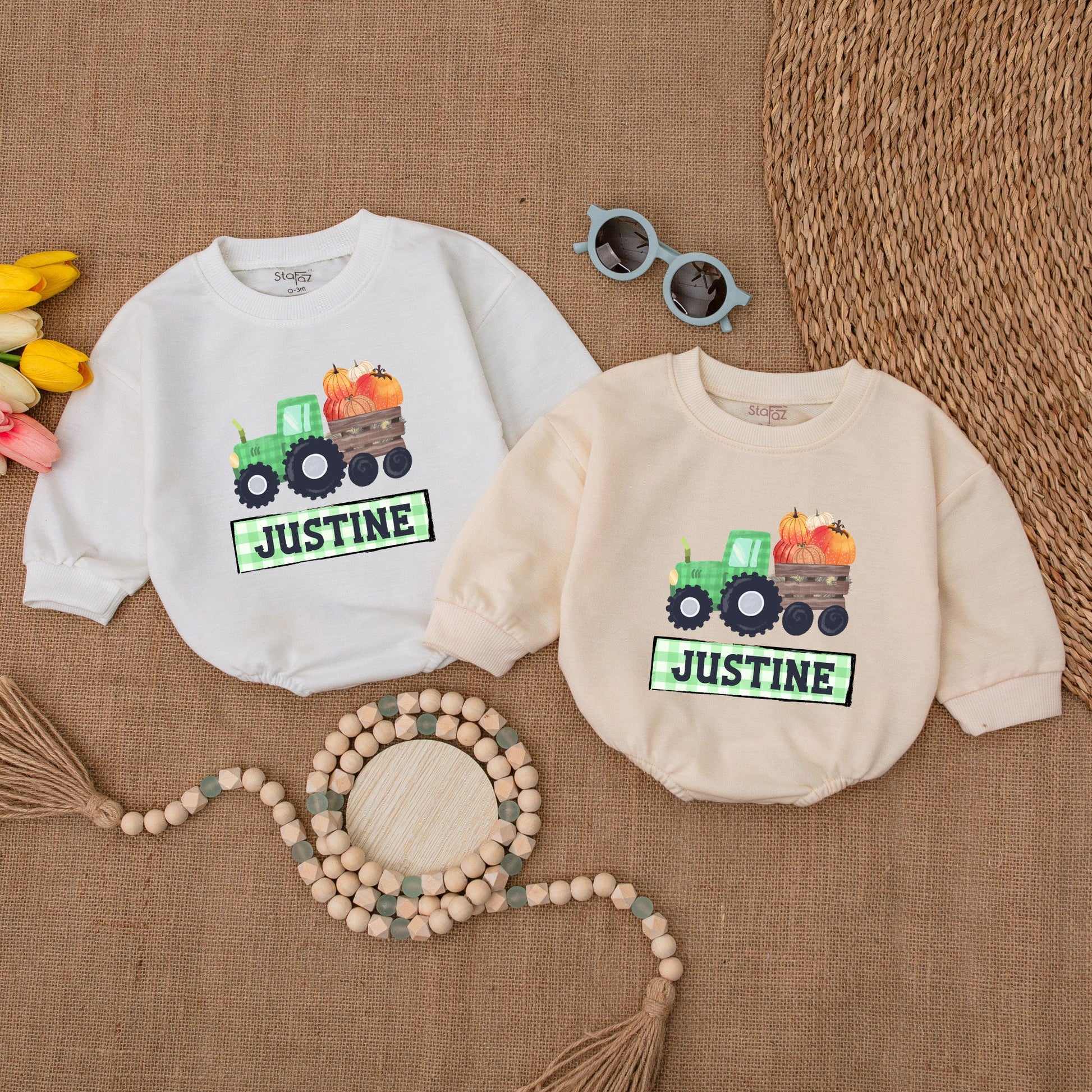 Personalized Pumpkin Tractor Romper - Fall Baby Outfit for Thanksgiving