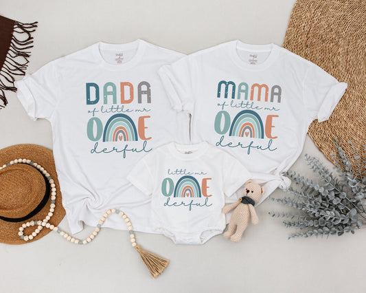 Mr. ONEderful Birthday Matching Family Shirts, Little Mr. Outfit Rainbow First Birthday, Cute Boy Party Clothes, Dada/Mama Style, Soft Cotton 139 chars