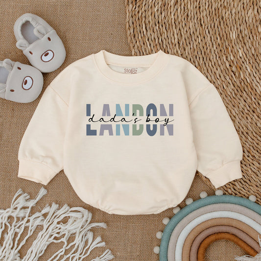 Custom Landon Dada's Boy Romper Baby Boy Outfit in Blue, Green, Purple Block Letters Infant Gift for Dad Baby Clothes