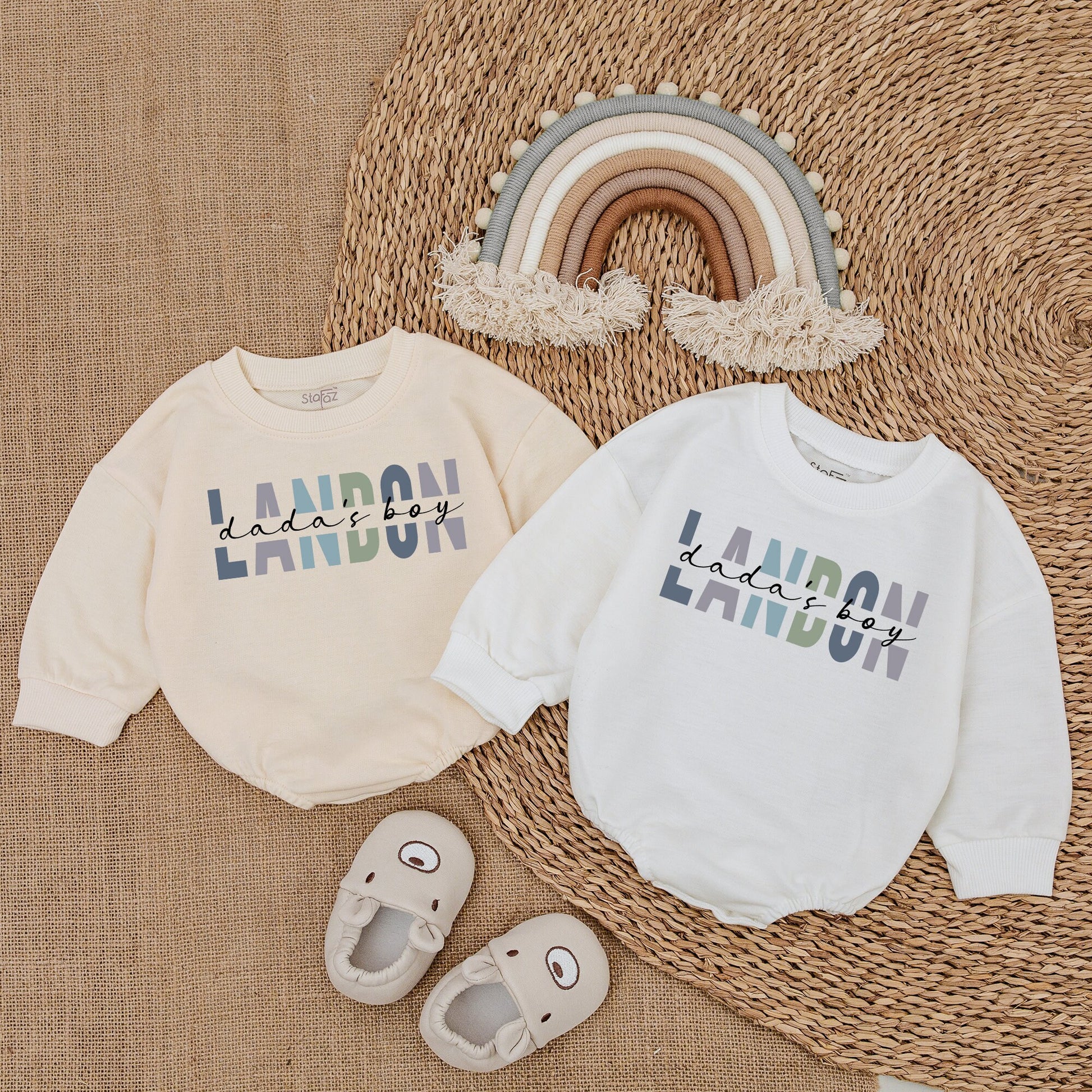 Custom Landon Dada's Boy Romper Baby Boy Outfit in Blue, Green, Purple Block Letters Infant Gift for Dad Baby Clothes