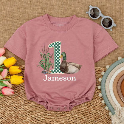 Mallard Duck Birthday Romper Baby Boy First Birthday Outfit Duckling Short Sleeve Bubble Romper Animal Lover Gift Hunting Theme Comfortable Cotton Shirt 135 Chars
