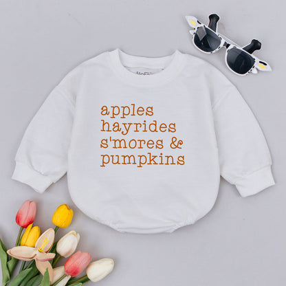 Retro Apples Hayrides S'mores Pumpkins Baby Romper Vintage Fall Bodysuit Autumn Kids Thanksgiving Shower Gift
