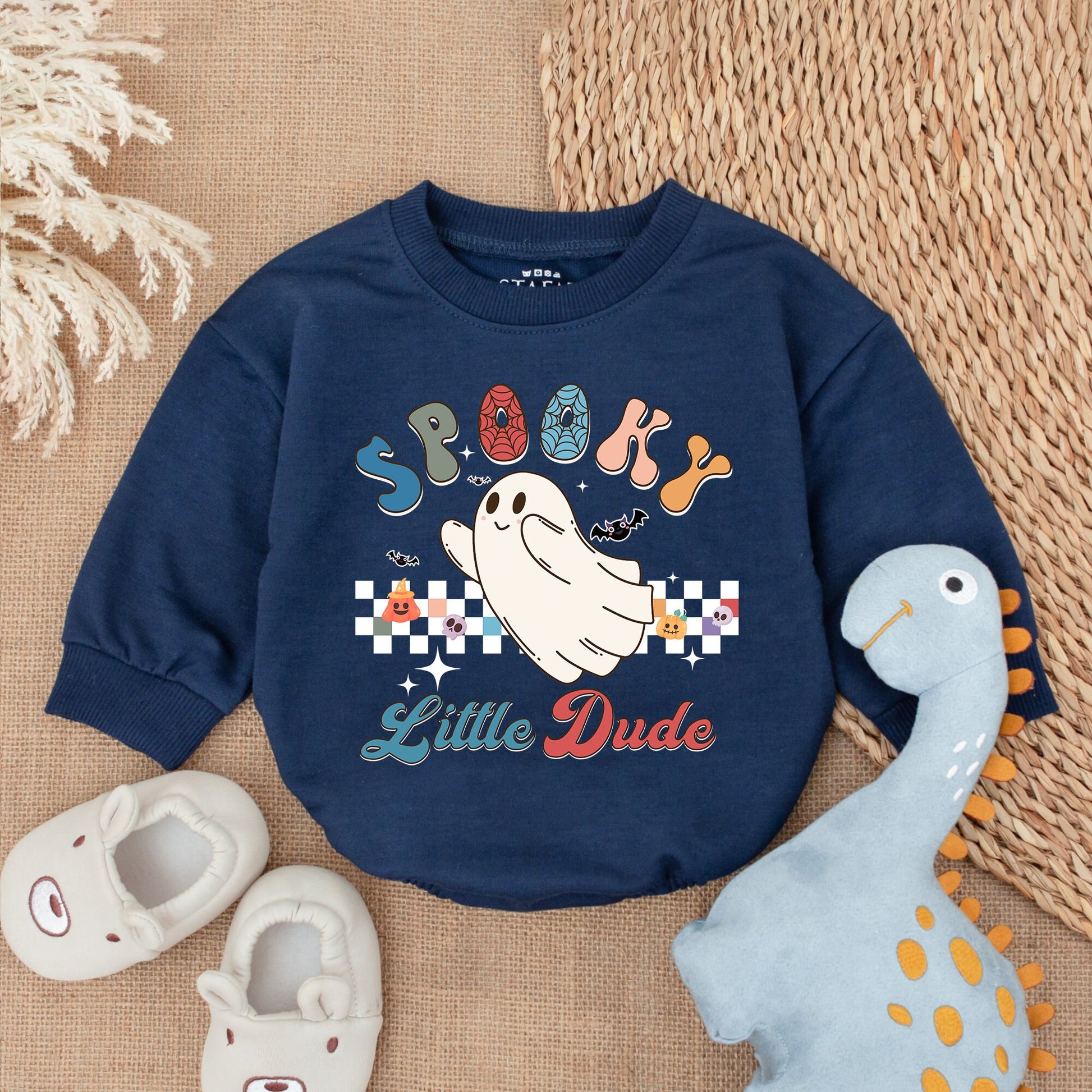 Spooky Little Dude Ghost Baby Bodysuit for Boys My First Halloween Outfit Colorful Retro Donut Letters Checkered Pumpkin Skull Design