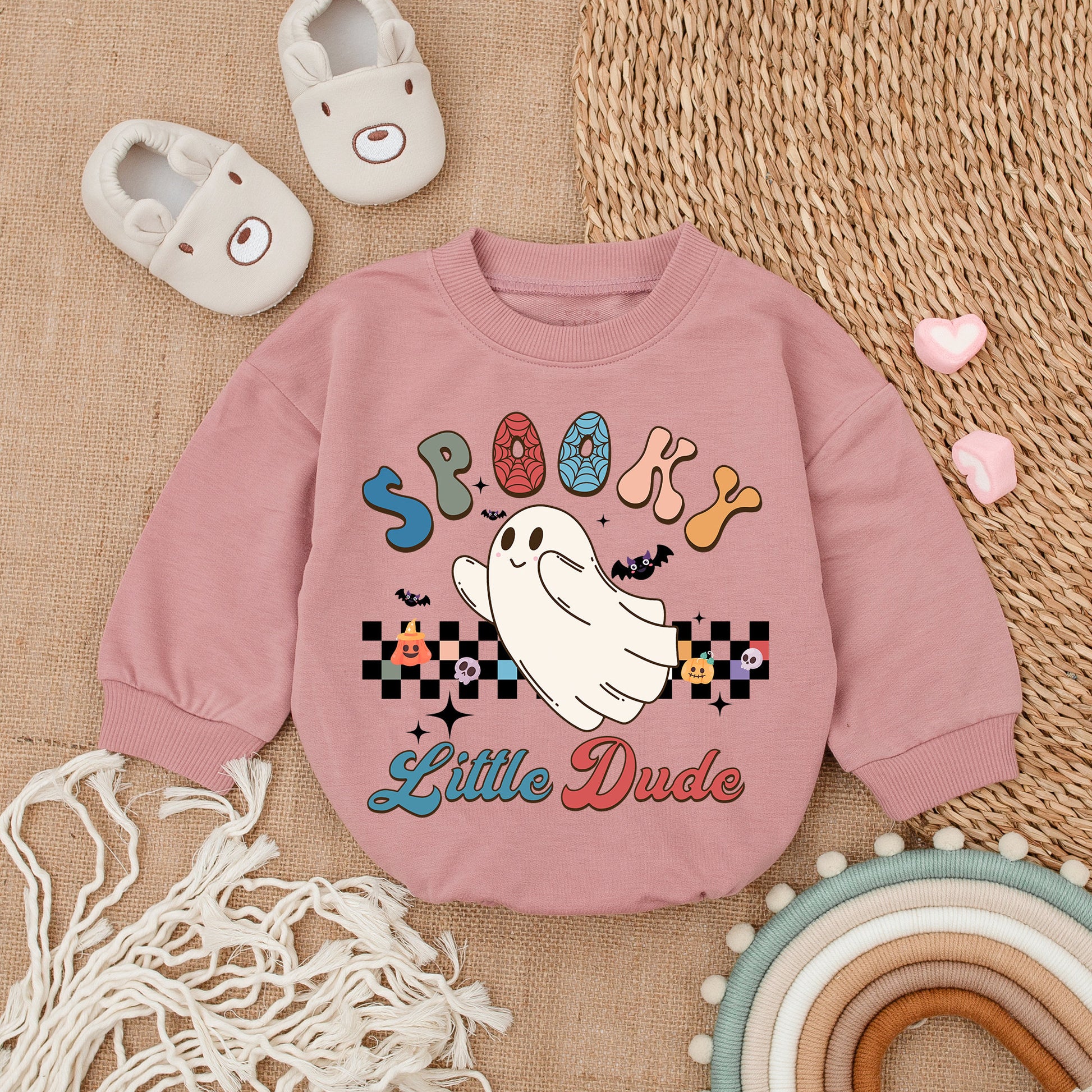 Spooky Little Dude Ghost Baby Bodysuit for Boys My First Halloween Outfit Colorful Retro Donut Letters Checkered Pumpkin Skull Design