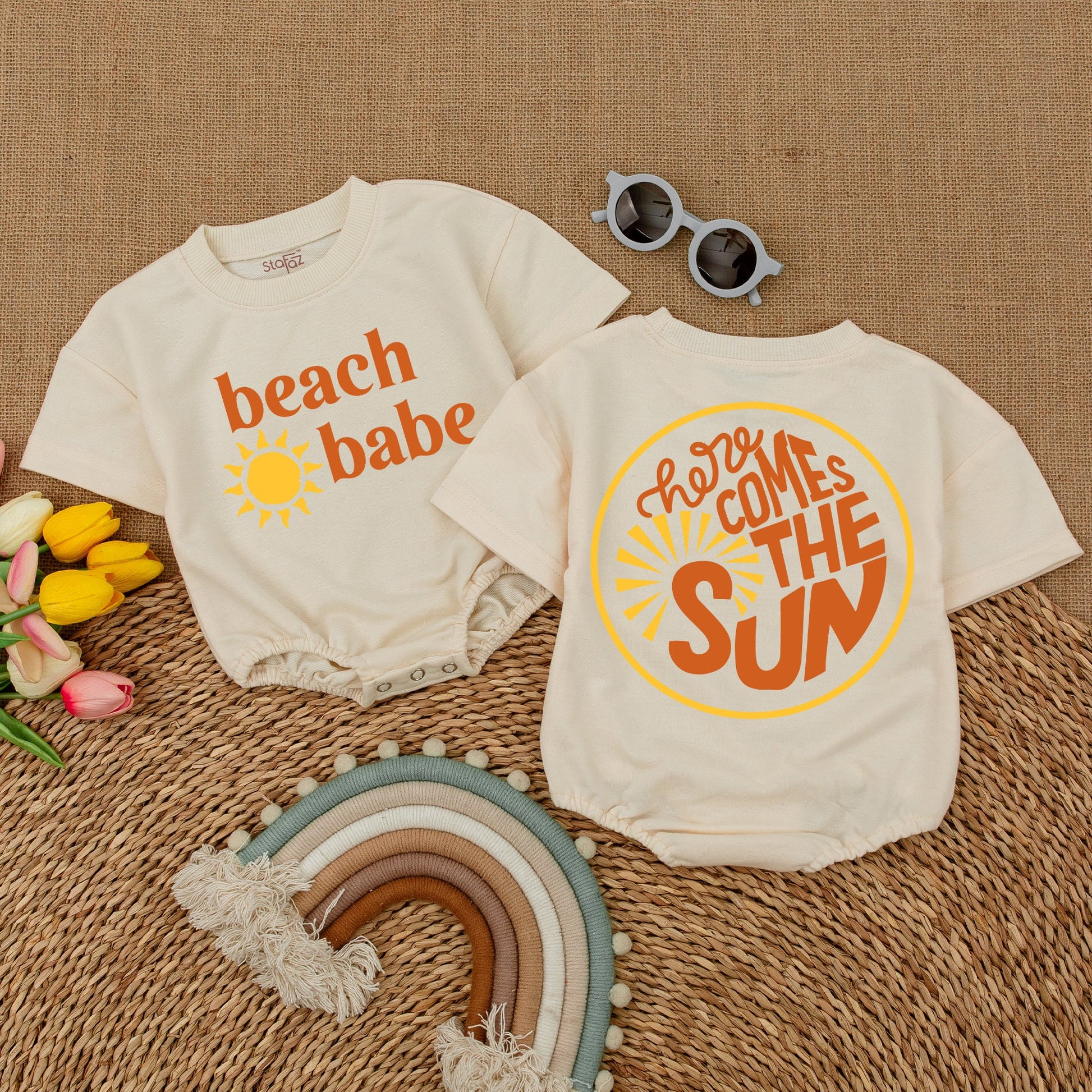 Beach Babe Bodysuit Here Comes The Sun Baby Romper Gender Neutral Bubble Romper for Beach Trips Newborn Outfits