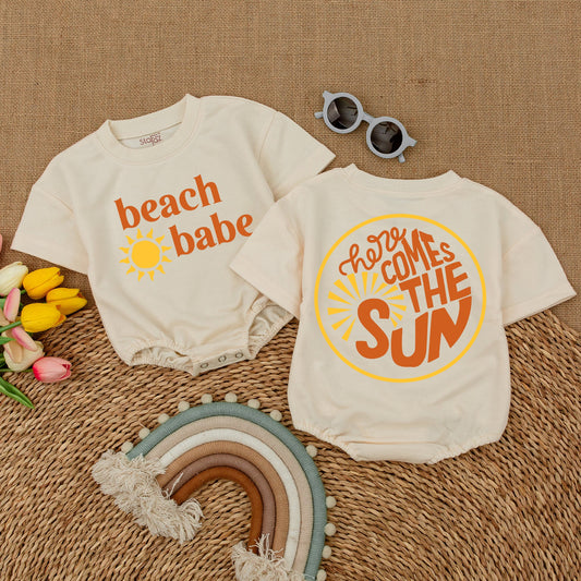 Beach Babe Bodysuit Here Comes The Sun Baby Romper Gender Neutral Bubble Romper for Beach Trips Newborn Outfits