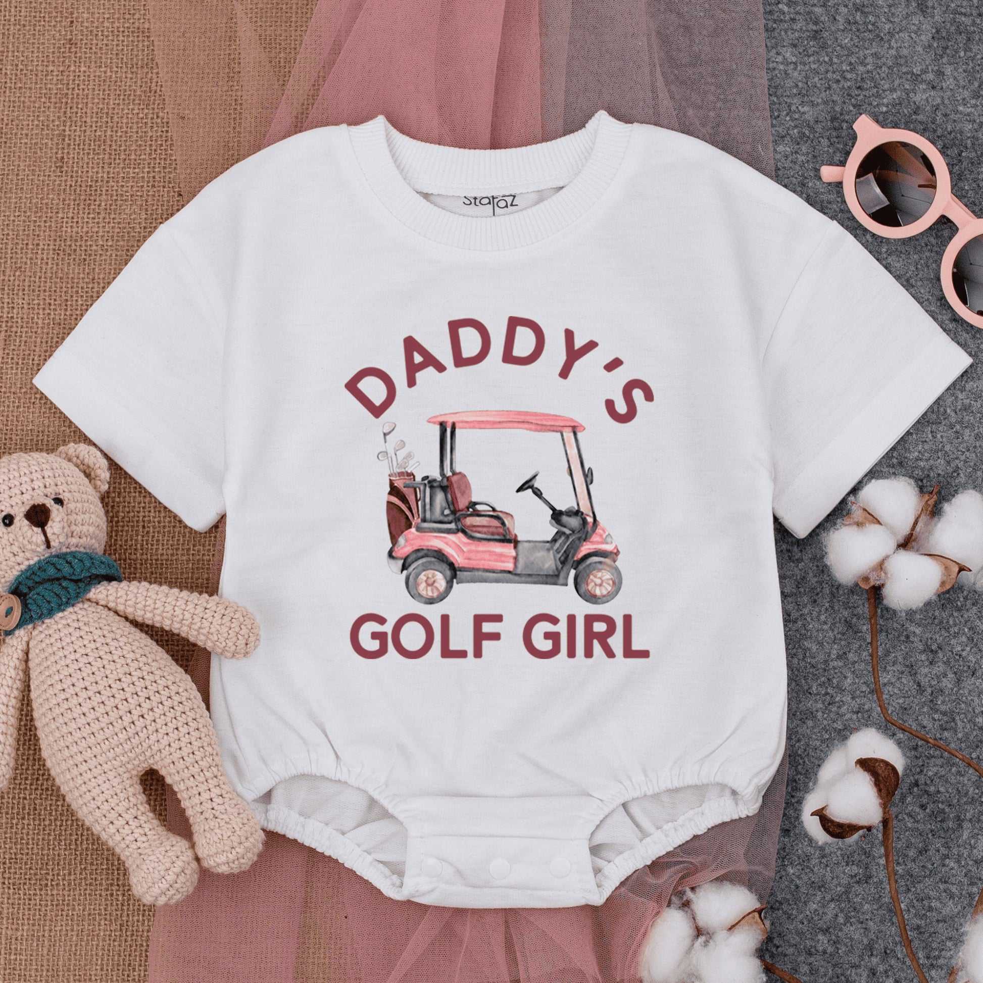 Daddy's Golf Girl Bubble Romper Cute Pink Golf Cart Daddy Daughter Short Sleeve Baby Girl Outfit Fathers Day Gift