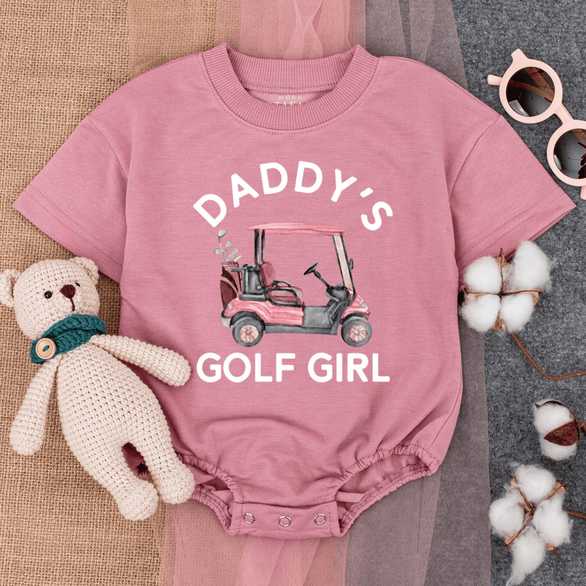 Daddy's Golf Girl Bubble Romper Cute Pink Golf Cart Daddy Daughter Short Sleeve Baby Girl Outfit Fathers Day Gift