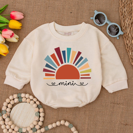 Mini Sunshine Baby Romper Boho Sun Design Bubble Romper Little Sunshine Bodysuit Teal Orange Yellow Rays Minimalist Summer Outfit Gender Neutral Clothes (135 chars)